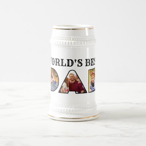 Worlds Best Dad Quote  Modern 3 Photo Collage Beer Stein