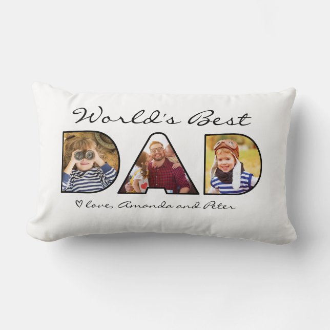 World's Best Dad Quote Modern 3 Photo Collage Lumbar Pillow (Front)