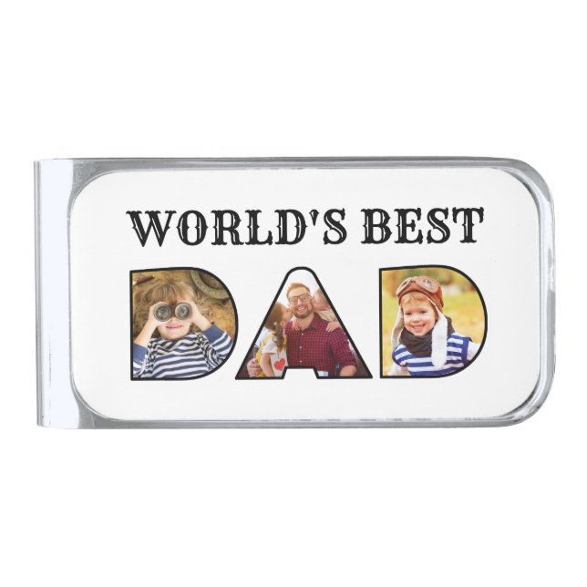Worlds Best Dad Quote  Modern 3 Photo Collage Silver Finish Money Clip (Front)