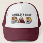 World's Best Dad Quote Modern 3 Photo Collage Trucker Hat<br><div class="desc">This modern personalized trucker hat for fathers features a three photo collage design reading "World's Best Dad". Fill in the lettering with your favorite family photos for a unique gift to your father. Designed by ©Susan Coffey.</div>