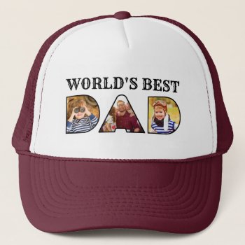 World's Best Dad Quote Modern 3 Photo Collage Trucker Hat by ilovedigis at Zazzle