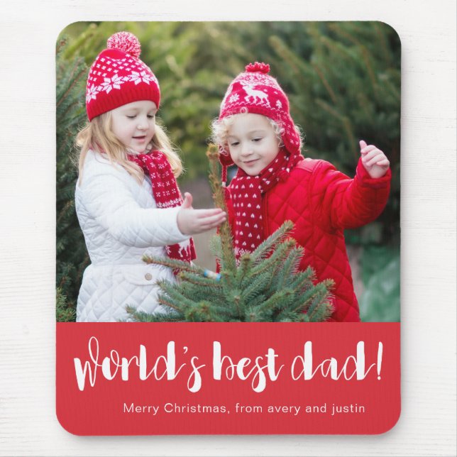 World's Best Dad Typography Photo Red Holiday Mouse Pad (Front)