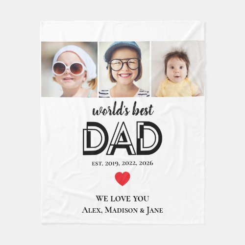 Worlds Best Dad We love you 3 Kids Photo Names Fleece Blanket