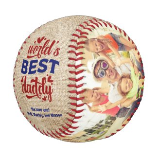 World's Best Daddy Red Blue Burlap 2 Family Photo Baseball