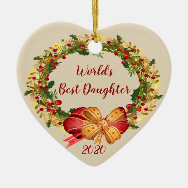 World's Best Daughter Antique Wreath Christmas Ceramic Ornament (Front)