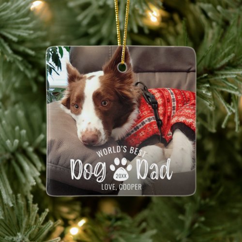 WORLDS BEST DOG DAD 2 Photos Paw Print Keepsake Ceramic Ornament