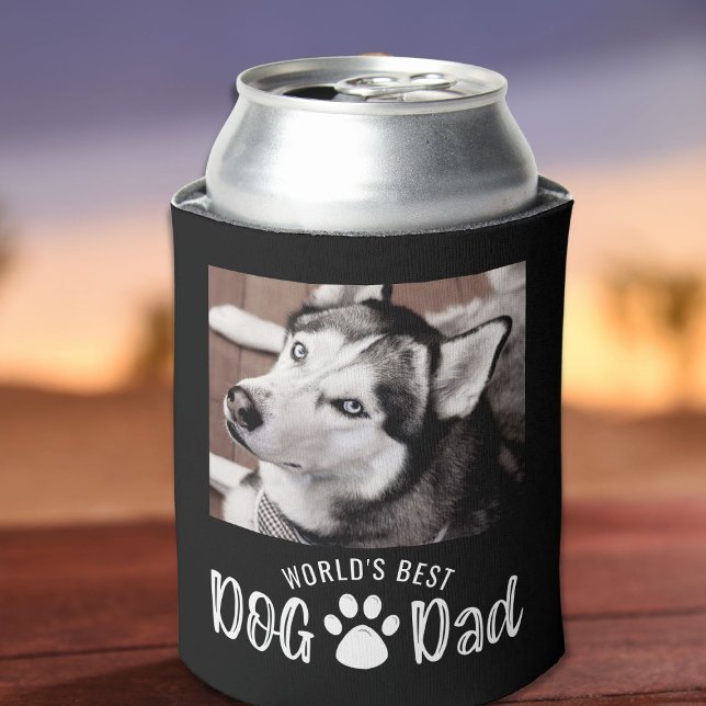 WORLD'S BEST DOG DAD 2 Photos Paw Prints Black Can Cooler (Creator Uploaded)