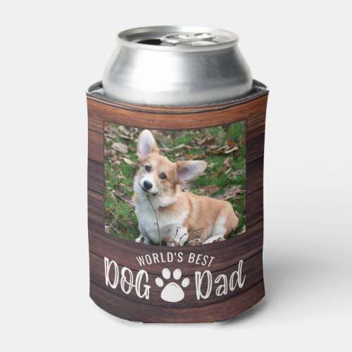 WORLDS BEST DOG DAD 2 Photos Paw Prints Wood Can Cooler
