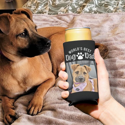 WORLDS BEST DOG DAD 2 Photos Pawprint Custom Color Seltzer Can Cooler