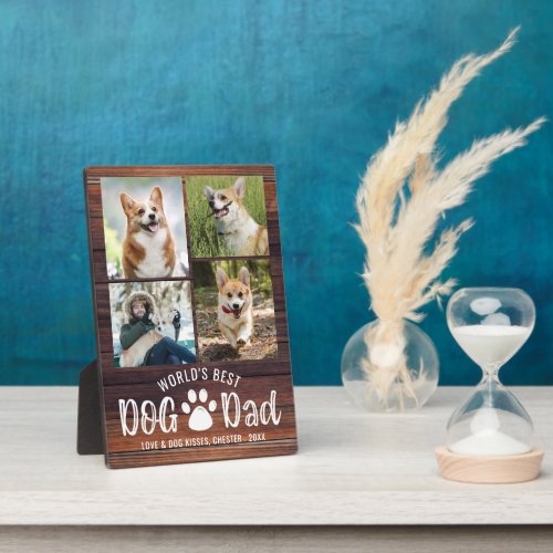 WORLDS BEST DOG DAD 4 Photo Collage Rustic Wood  Plaque