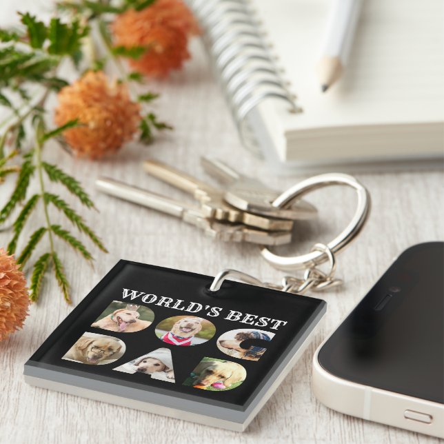 World's Best Dog Dad 6 Photo Collage Black Keychain (Front Right)