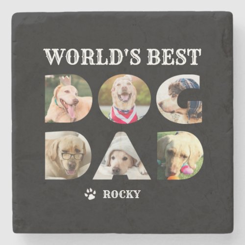 Worlds Best Dog Dad 6 Photo Collage Black Stone Coaster