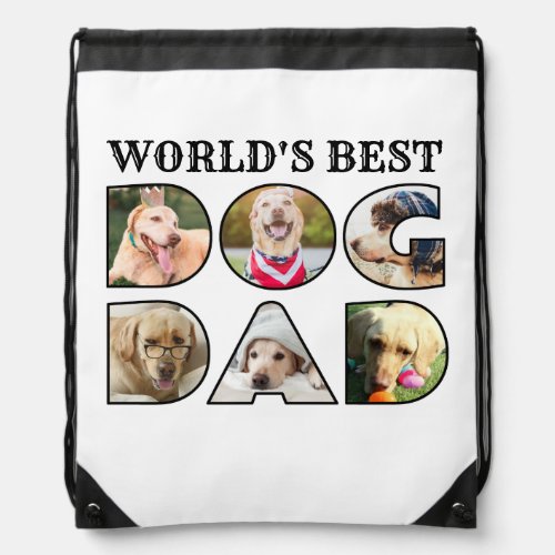 Worlds Best Dog Dad 6 Photo Collage Dog Lover Drawstring Bag