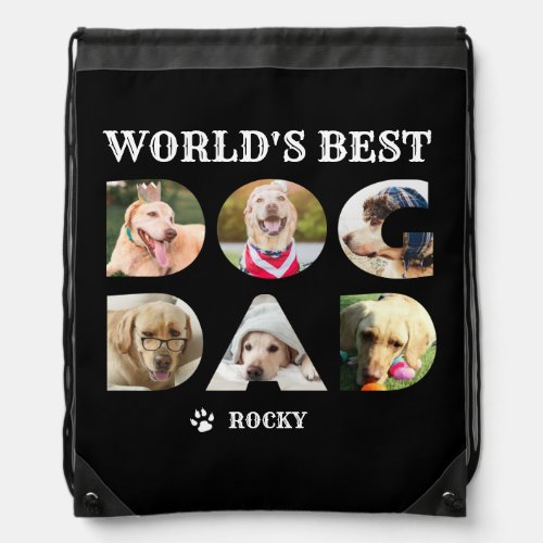 Worlds Best Dog Dad 6 Photo Collage Name Black Drawstring Bag