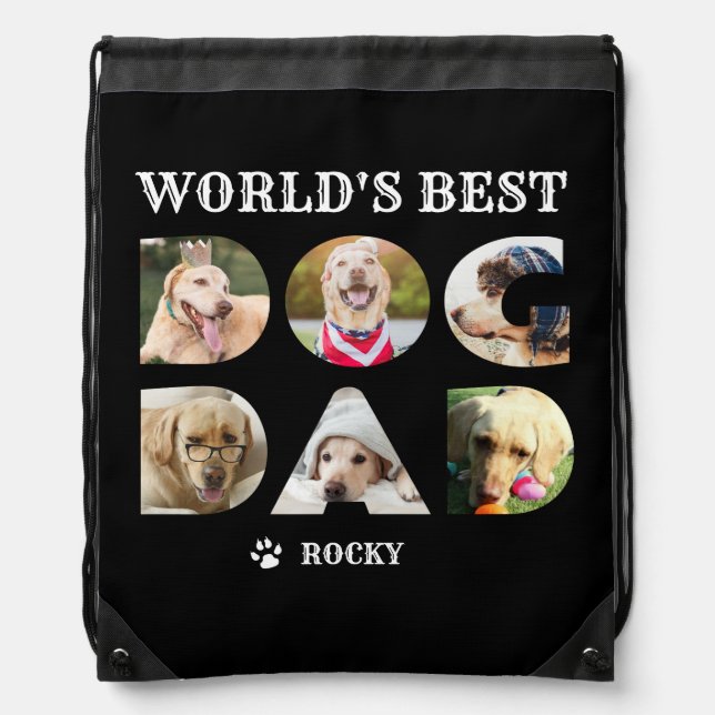 World's Best Dog Dad 6 Photo Collage Name Black Drawstring Bag (Front)