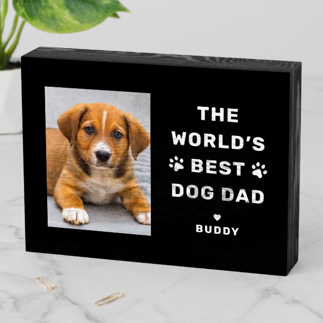 Worlds Best Dog Dad Black Custom Photo Wooden Box Sign (In Situ Horizontal)