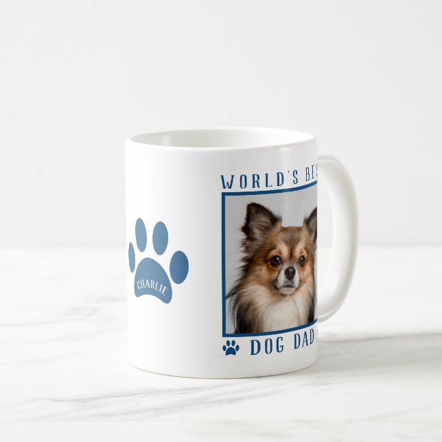 World's Best Dog Dad Blue Paw Print Name Pet Photo Coffee Mug (Front Right)