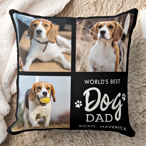 Worlds Best DOG DAD Custom 3 Photo Collage Throw Pillow