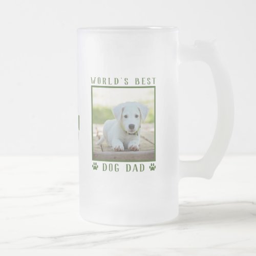 Worlds Best Dog Dad Green Paw Prints Name Photo Frosted Glass Beer Mug