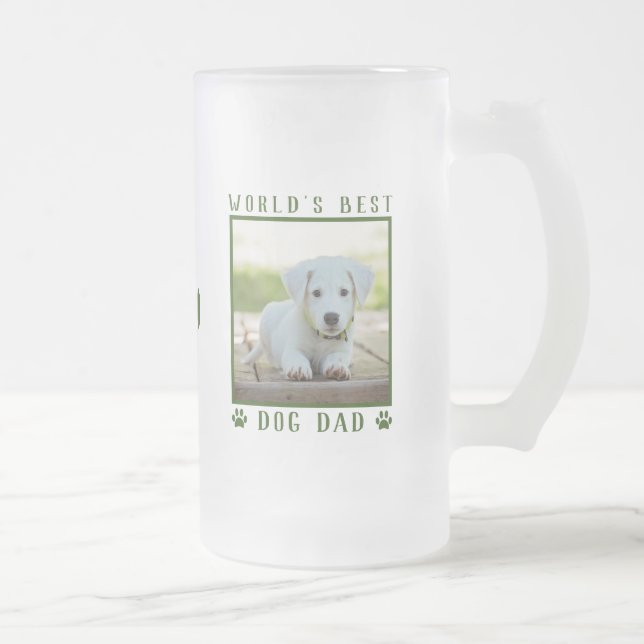 World's Best Dog Dad Green Paw Prints Name Photo Frosted Glass Beer Mug (Right)