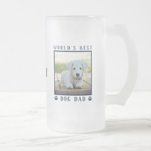 World's Best Dog Dad Navy Paw Prints Name Photo Frosted Glass Beer Mug