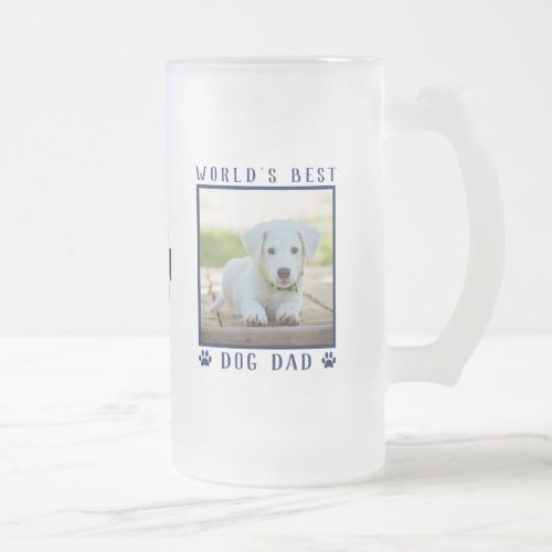 Worlds Best Dog Dad Navy Paw Prints Name Photo Frosted Glass Beer Mug
