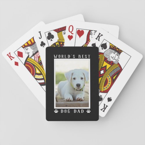 Worlds Best Dog Dad Paw Prints Custom Photo Black Poker Cards