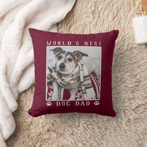 Worlds Best Dog Dad Paw Prints Pet Photo Burgundy Throw Pillow