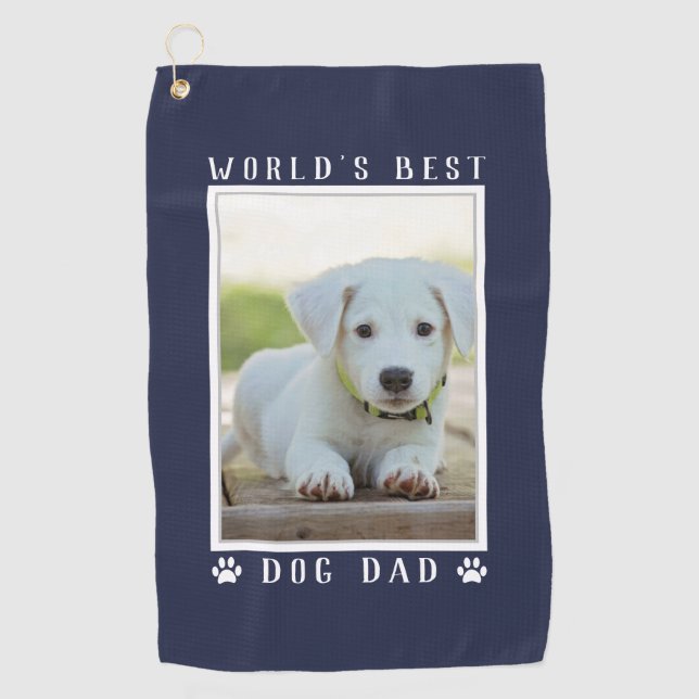 World's Best Dog Dad Paw Prints Pet Photo Navy Golf Towel (Front)