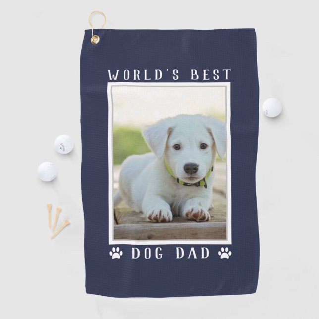 World's Best Dog Dad Paw Prints Pet Photo Navy Golf Towel (Creator Uploaded)