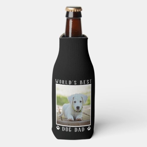 Worlds Best Dog Dad Paw Prints Pet Photo on Black Bottle Cooler