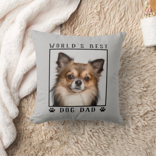 Worlds Best Dog Dad Paw Prints Pet Photo on Gray Throw Pillow