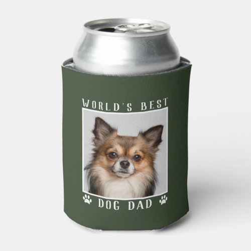 Worlds Best Dog Dad Paw Prints Pet Photo on Green Can Cooler