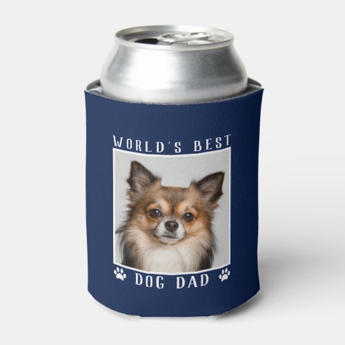 Worlds Best Dog Dad Paw Prints Pet Photo on Navy Can Cooler