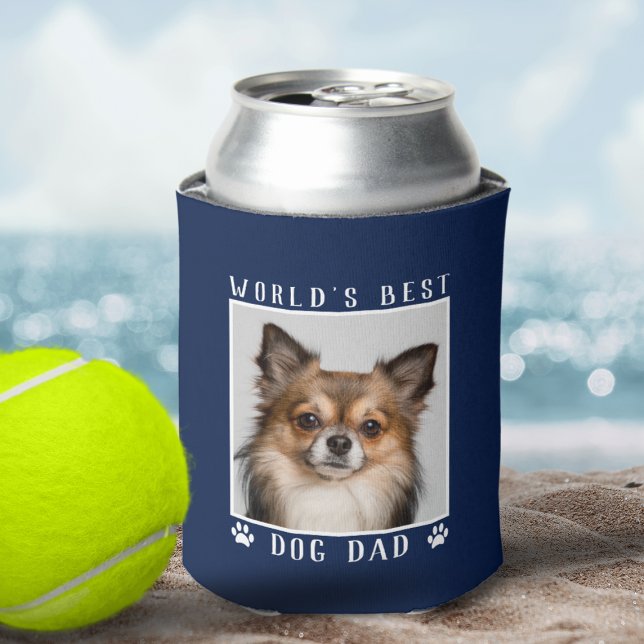 World's Best Dog Dad Paw Prints Pet Photo on Navy Can Cooler (World's Best Dog Dad Paw Prints Pet Photo on Navy Can Cooler)