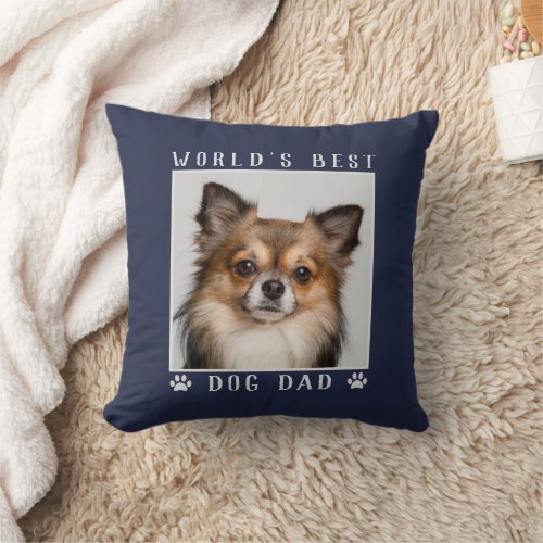 Worlds Best Dog Dad Paw Prints Pet Photo on Navy Throw Pillow