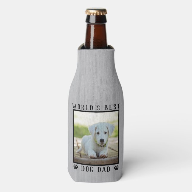 World's Best Dog Dad Paw Prints Pet Photo Rustic Bottle Cooler (Bottle Front)
