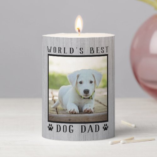 Worlds Best Dog Dad Paw Prints Pet Photo Rustic Pillar Candle