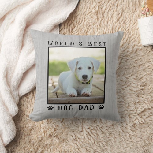 Worlds Best Dog Dad Paw Prints Pet Photo Rustic Throw Pillow