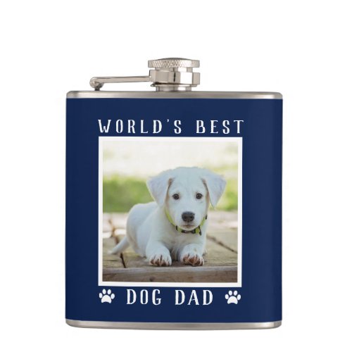 Worlds Best Dog Dad Paw Prints Photo Navy 6 oz Flask