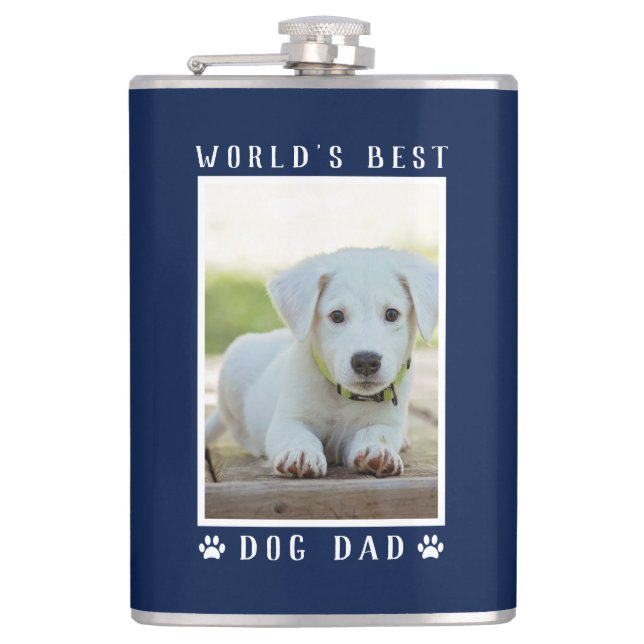 World's Best Dog Dad Paw Prints Photo Navy 8 oz Flask (Front)