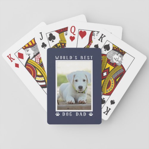 Worlds Best Dog Dad Paw Prints Photo Navy Blue Poker Cards