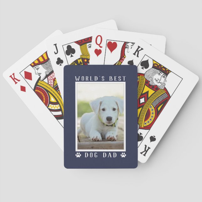 World's Best Dog Dad Paw Prints Photo Navy Blue Poker Cards (Back)