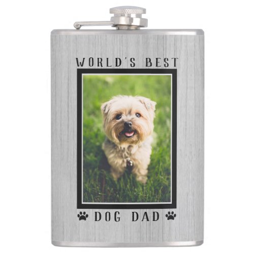 Worlds Best Dog Dad Paw Prints Photo Rustic Wood Flask