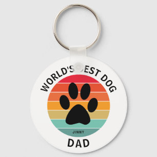  World's Best Dog Dad Pawprint Retro Sunset Custom Keychain