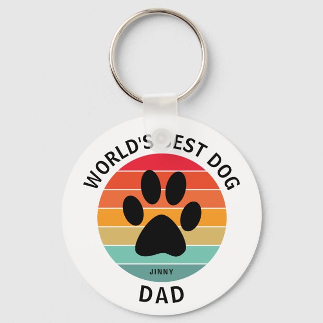  World's Best Dog Dad Pawprint Retro Sunset Custom Keychain (Front)