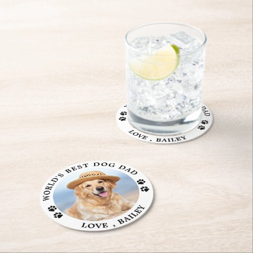 Worlds Best Dog Dad Personalized Pet Photo Round Paper Coaster