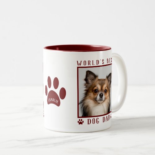 Worlds Best Dog Dad Photo Name Paw Prints Maroon Two_Tone Coffee Mug