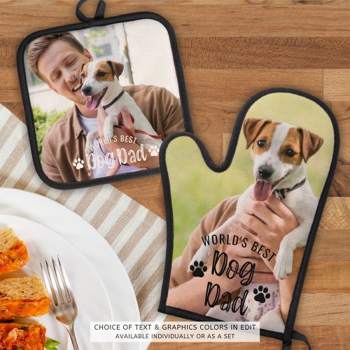 Worlds Best Dog Dad Photo Pawprints Oven Mitt  Pot Holder Set