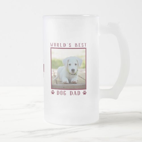 Worlds Best Dog Dad Red Paw Prints Pet Name Photo Frosted Glass Beer Mug